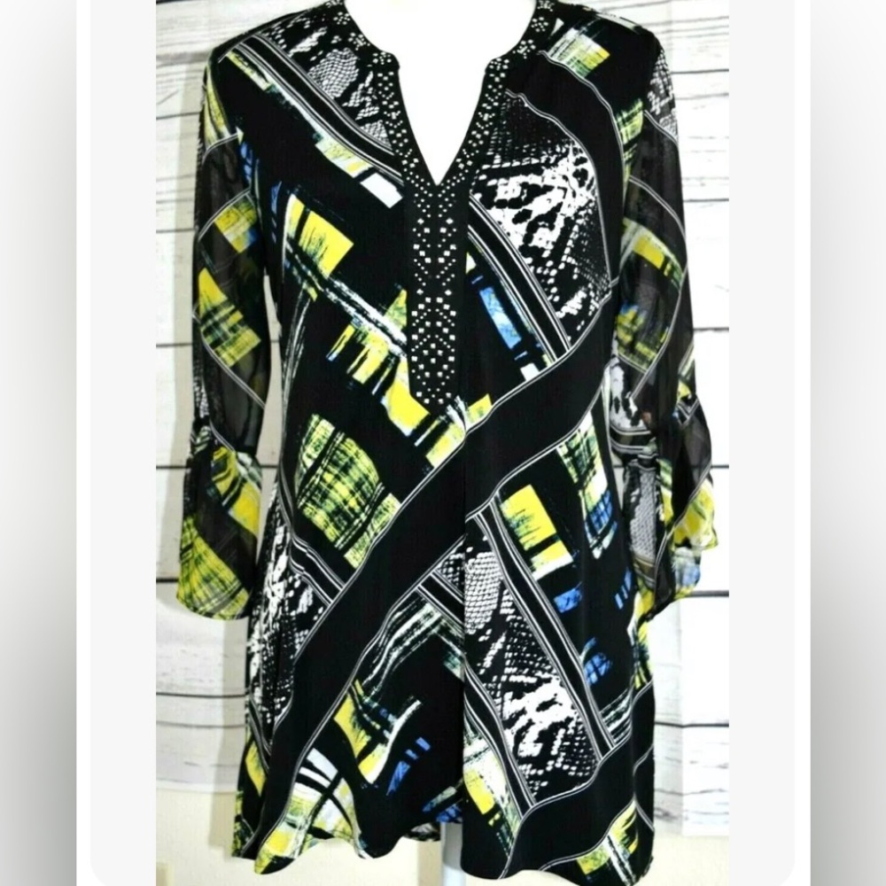 Valerie Stevens Tunic Top Dress Black Yellow 3/4 Sleeve Embellished Flattering S